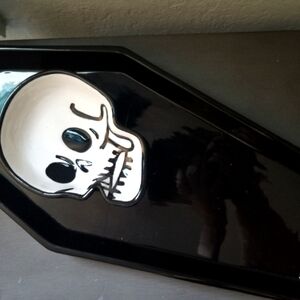 Coffin shaped serving tray with skull dipping bowl